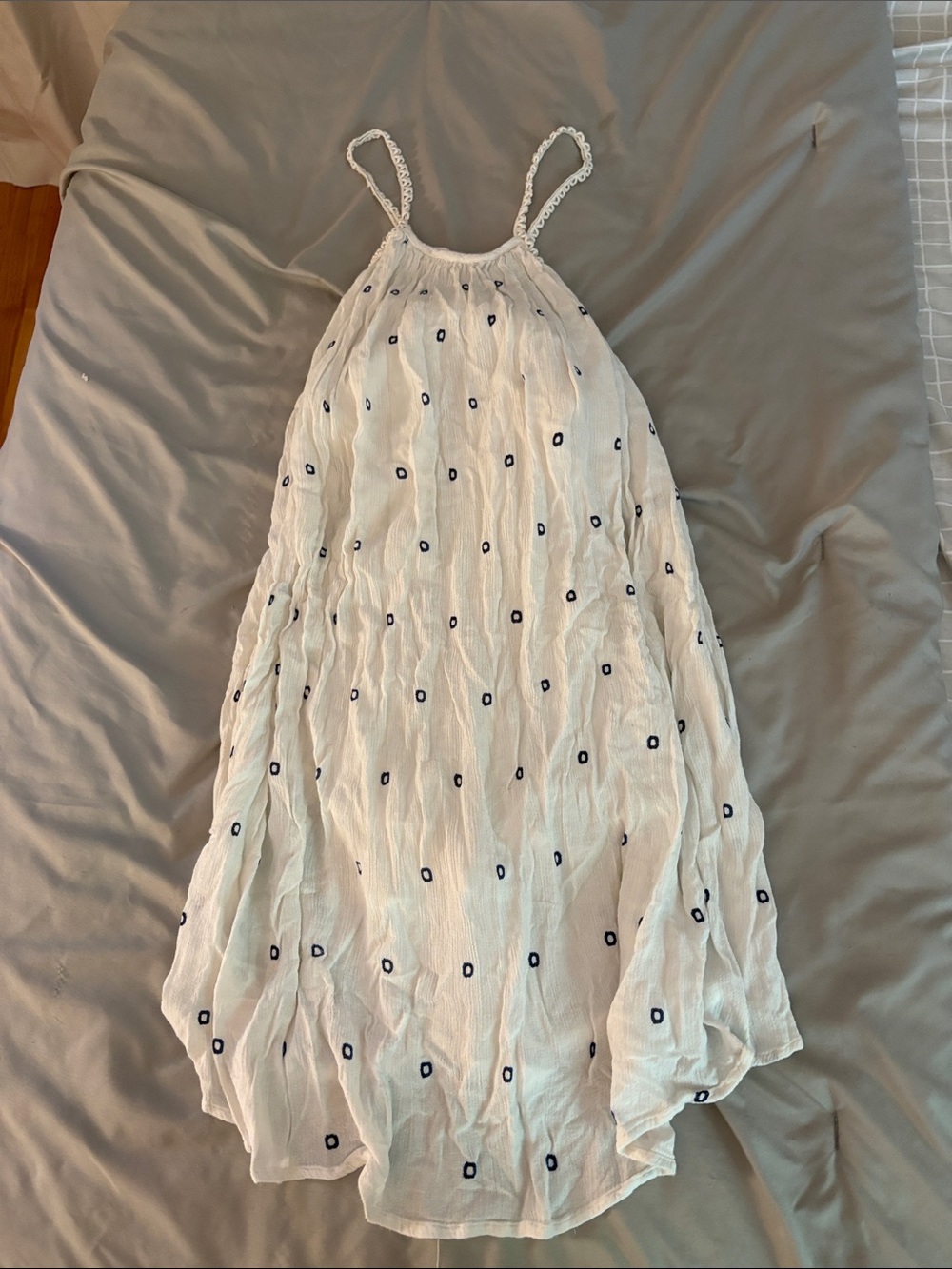 O'Neill White Halter Sun Dress with Navy Dot Embroidery